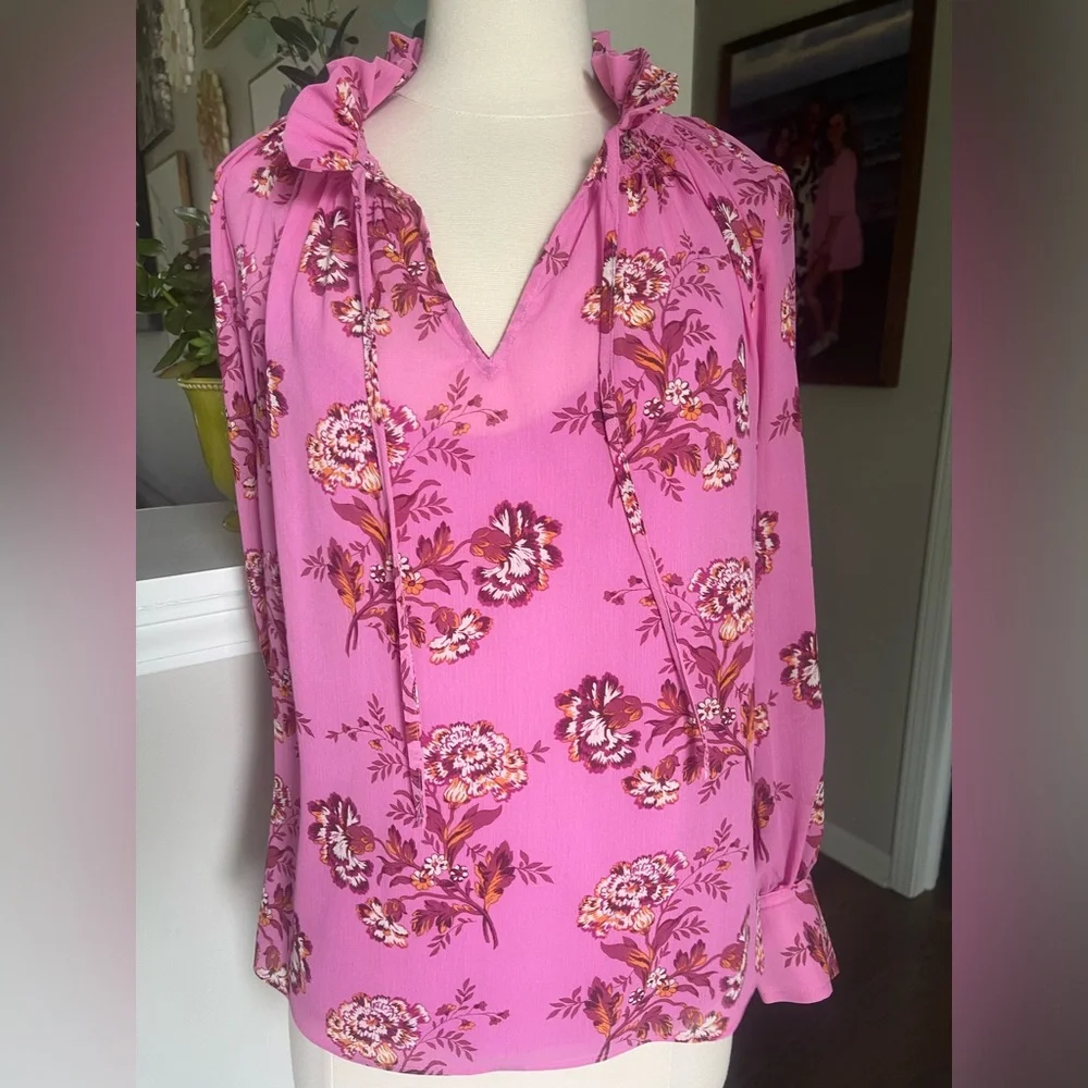 J Crew pink floral sheer drapey tie neck ruffle blouse top S